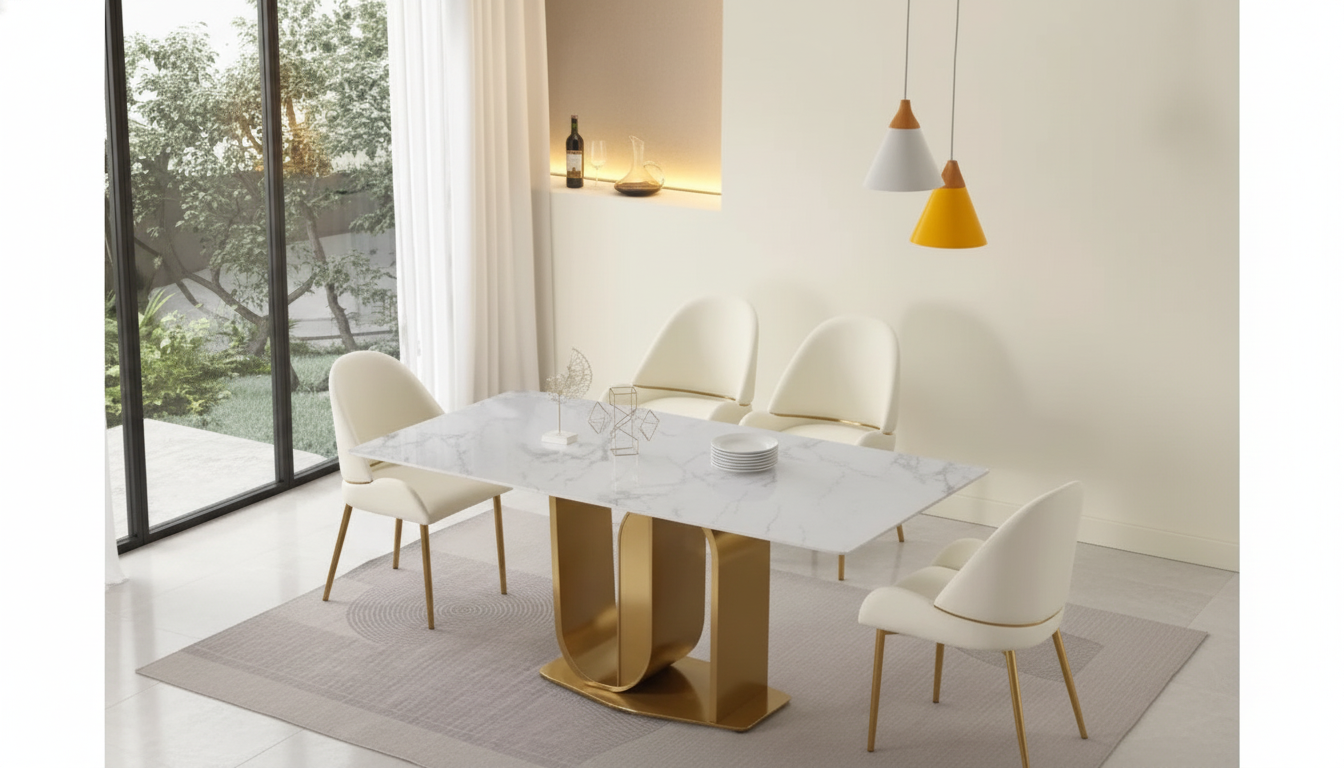 71″ Gold Base Dining Table with Durable Sintered Top