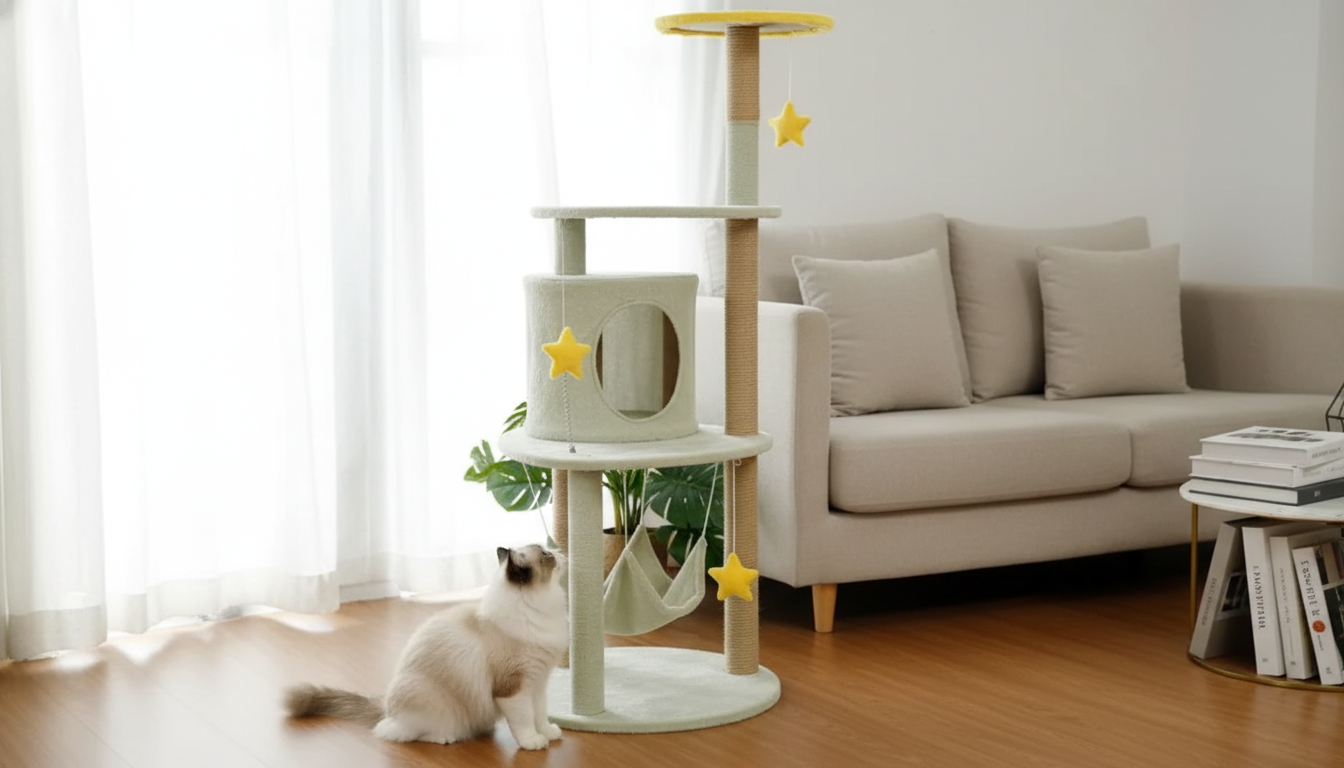 Beige Cat Tower with Hideaway House & Sisal Scratcher