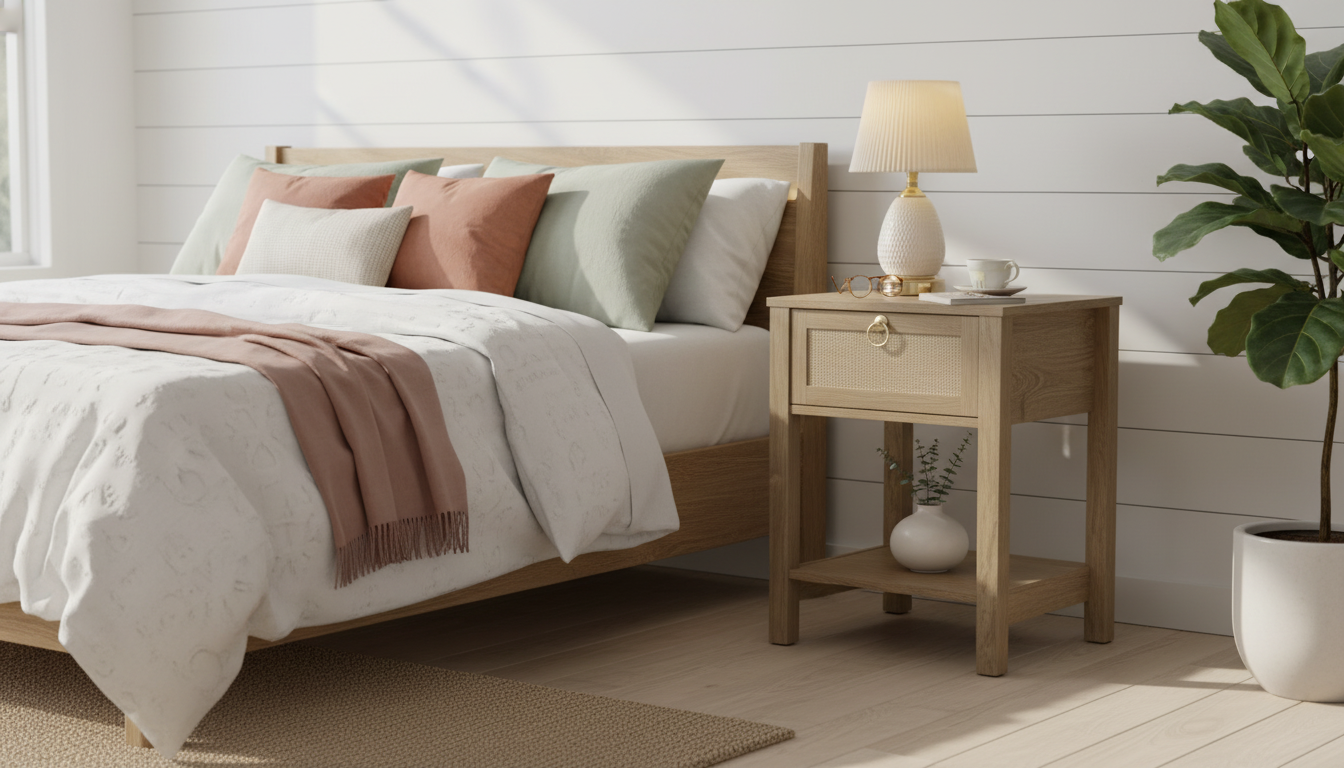 Boho Rattan Nightstand: Drawer + Shelf, Brass Knobs