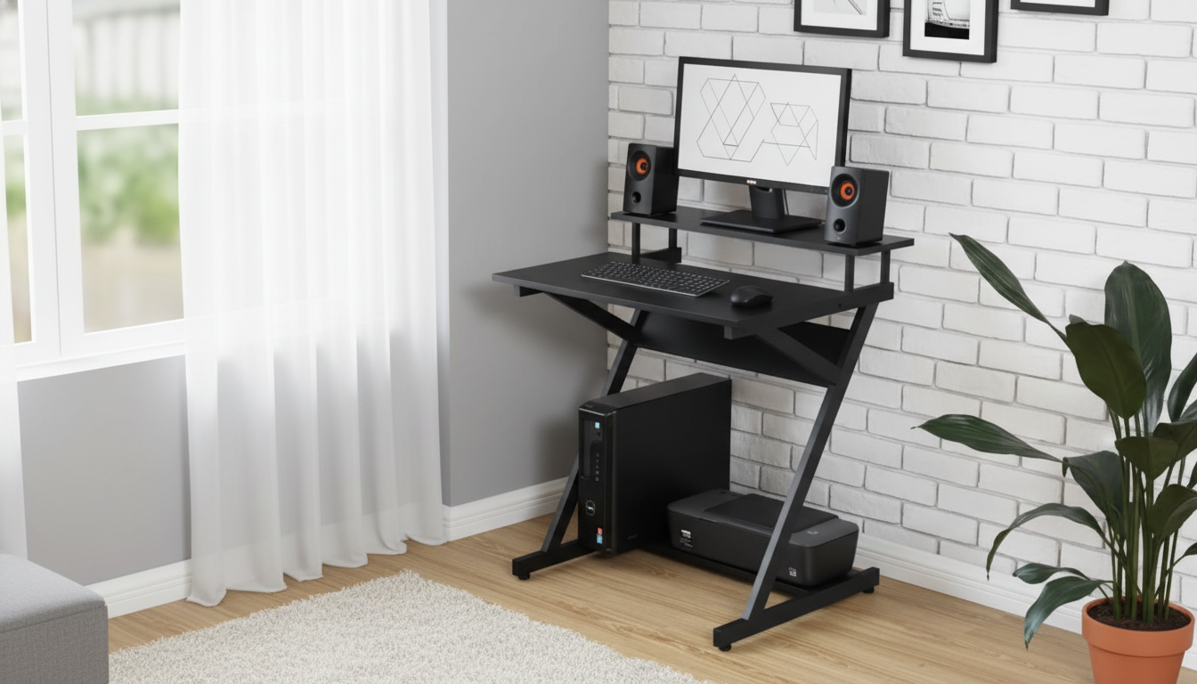 Compact Z-Shaped Desk with Monitor Shelf for Small Rooms