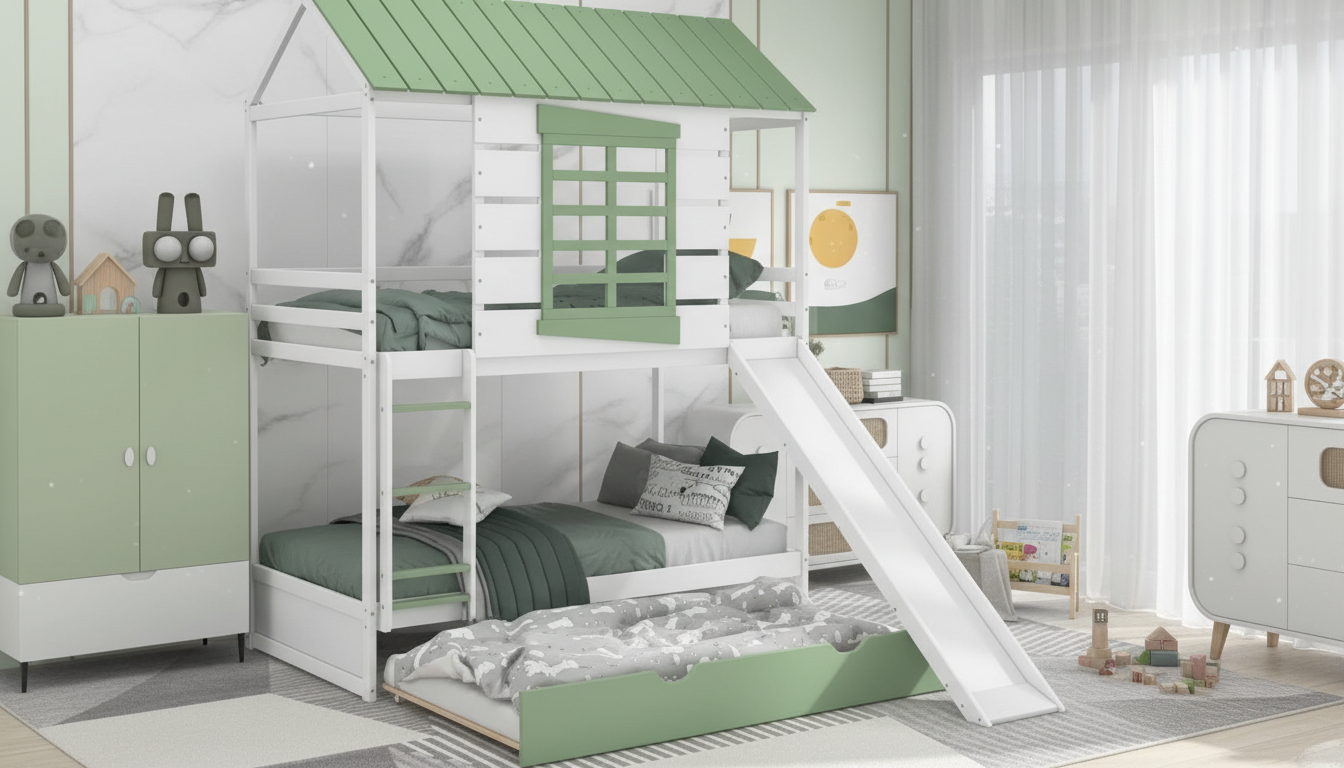 House Bunk Bed with Slide & Trundle: Setup + Safety