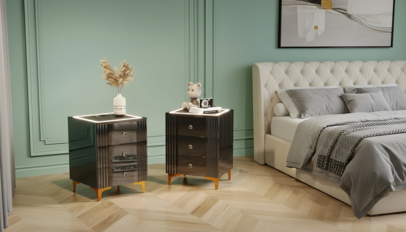 LED Nightstands (Set of 2) w/ Wireless Charging + 3 Drawers